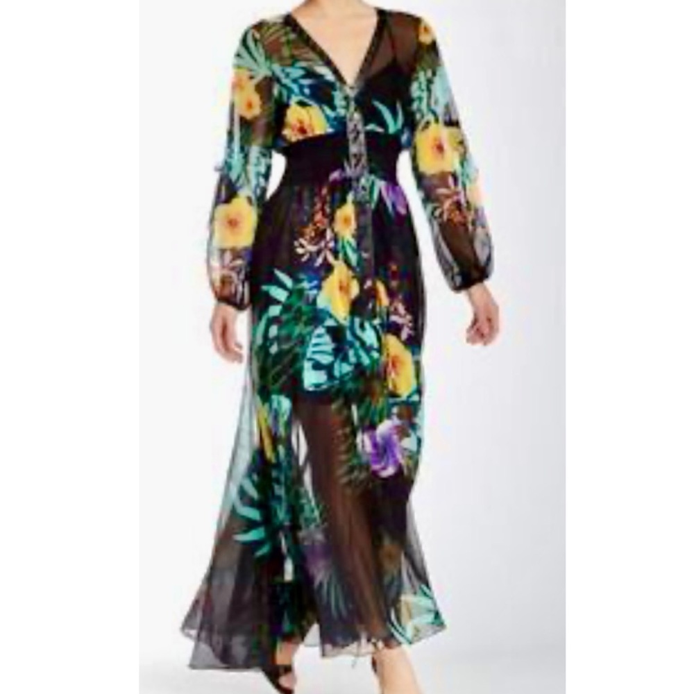 TOV Holy Faux Leather Trim Lace-Up Floral Printed Maxi Dress Size XL New